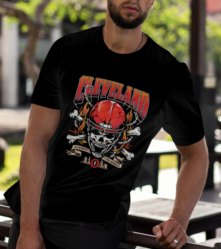 Cleveland Against The World Skull Helmet Flames Crossbones T-Shirt