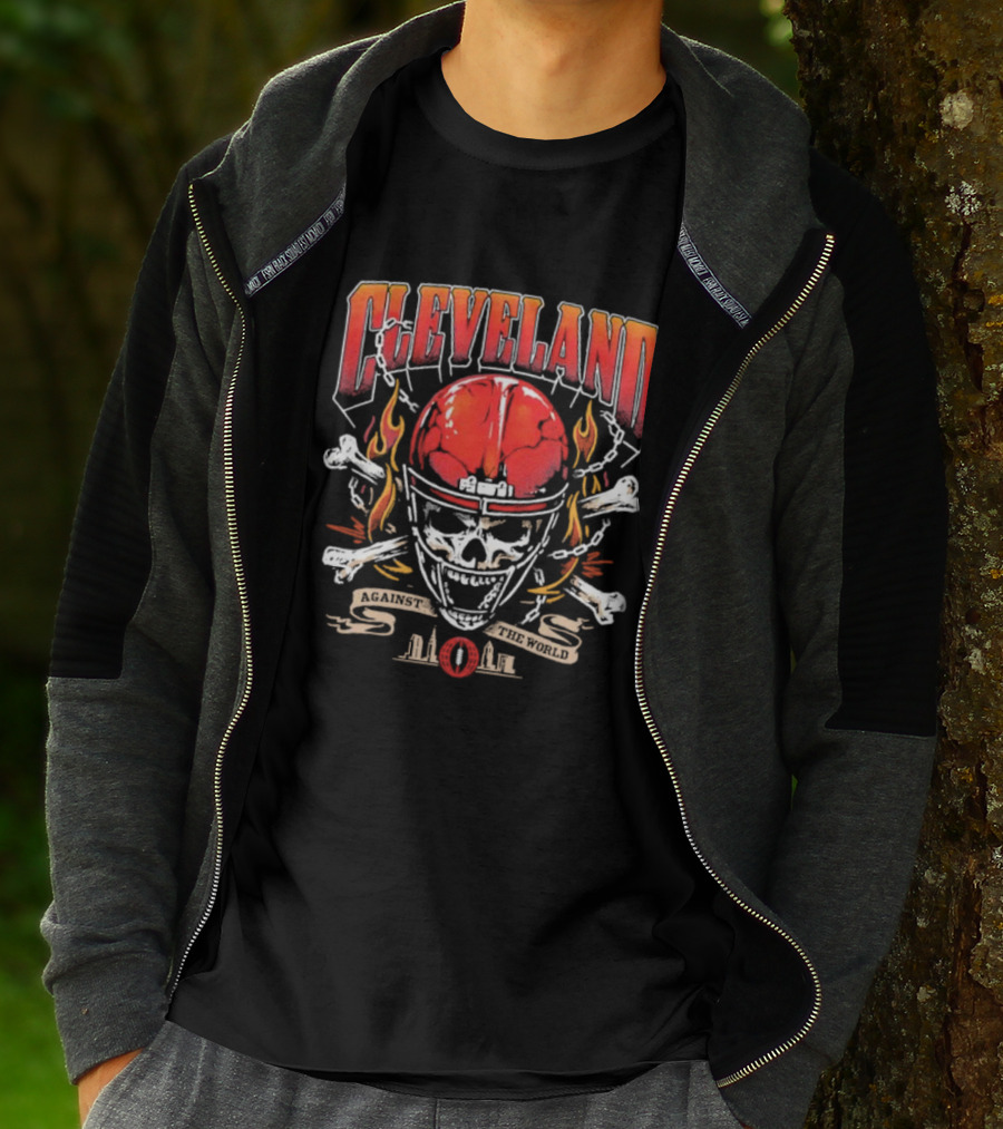 Cleveland Against The World Skull Helmet Flames Crossbones T-Shirt