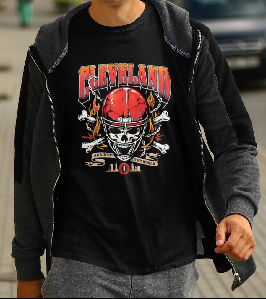 Cleveland Against The World Skull Helmet Flames Crossbones T-Shirt