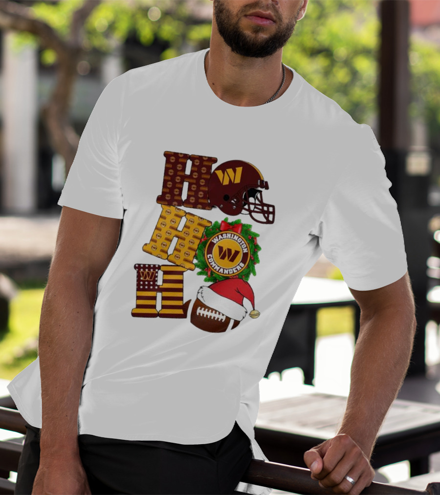 Washington Commanders Helmet Wreath Football Ho Ho Ho Merry Christmas T-Shirt