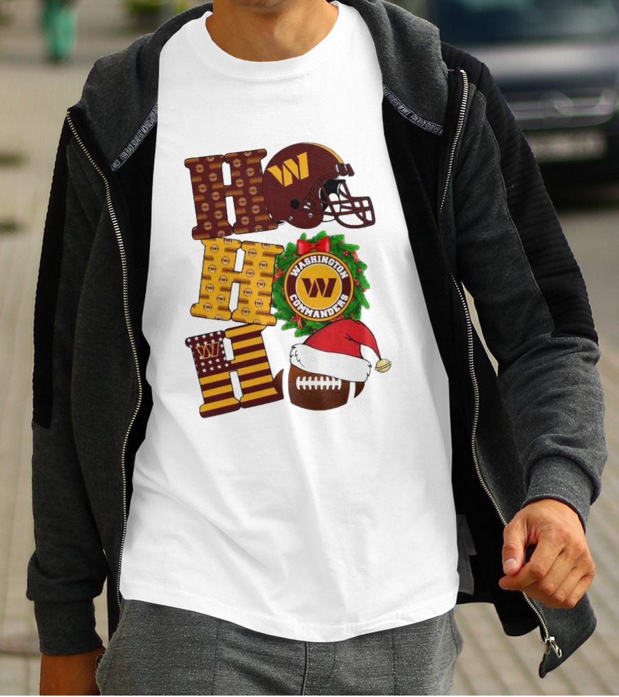 Washington Commanders Helmet Wreath Football Ho Ho Ho Merry Christmas T-Shirt