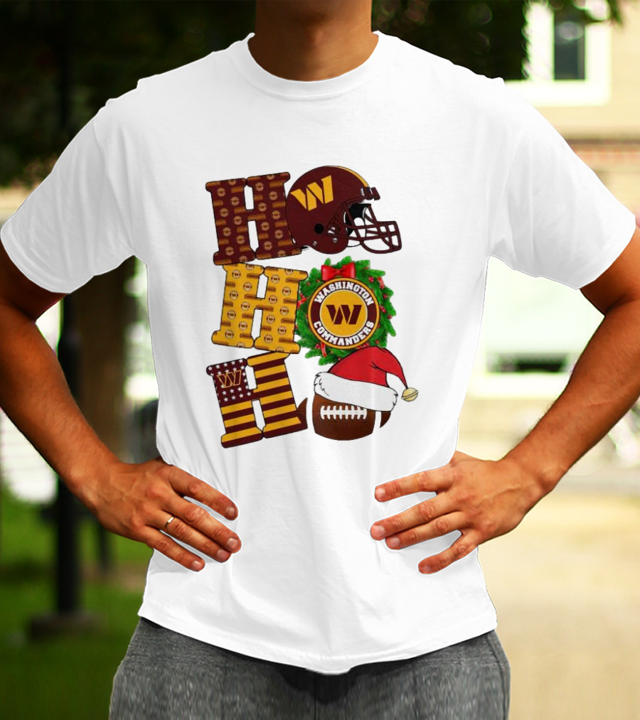 Washington Commanders Helmet Wreath Football Ho Ho Ho Merry Christmas T-Shirt