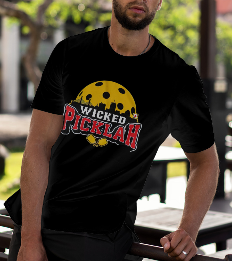 Wicked Picklah Boston Skyline Pickleball Paddle Bridge T-Shirt