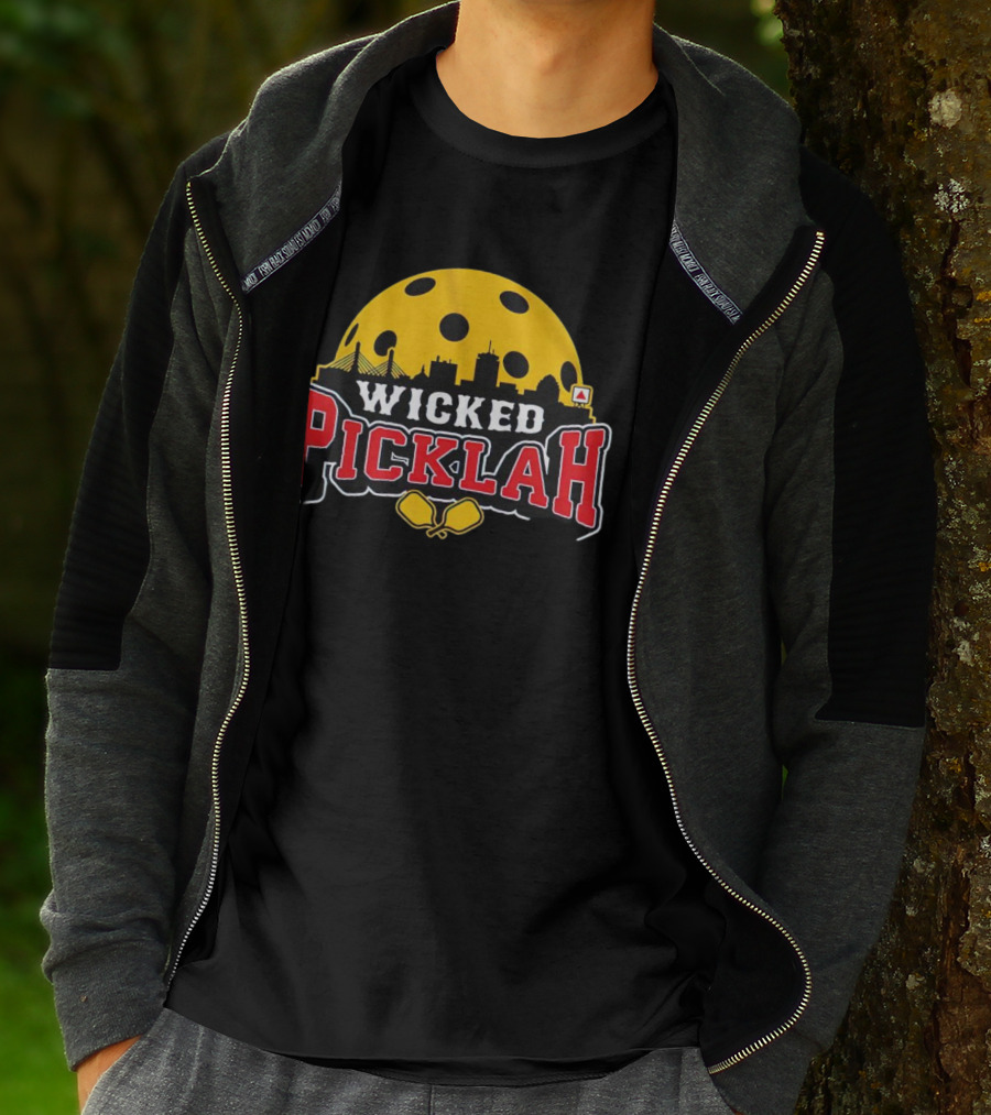 Wicked Picklah Boston Skyline Pickleball Paddle Bridge T-Shirt