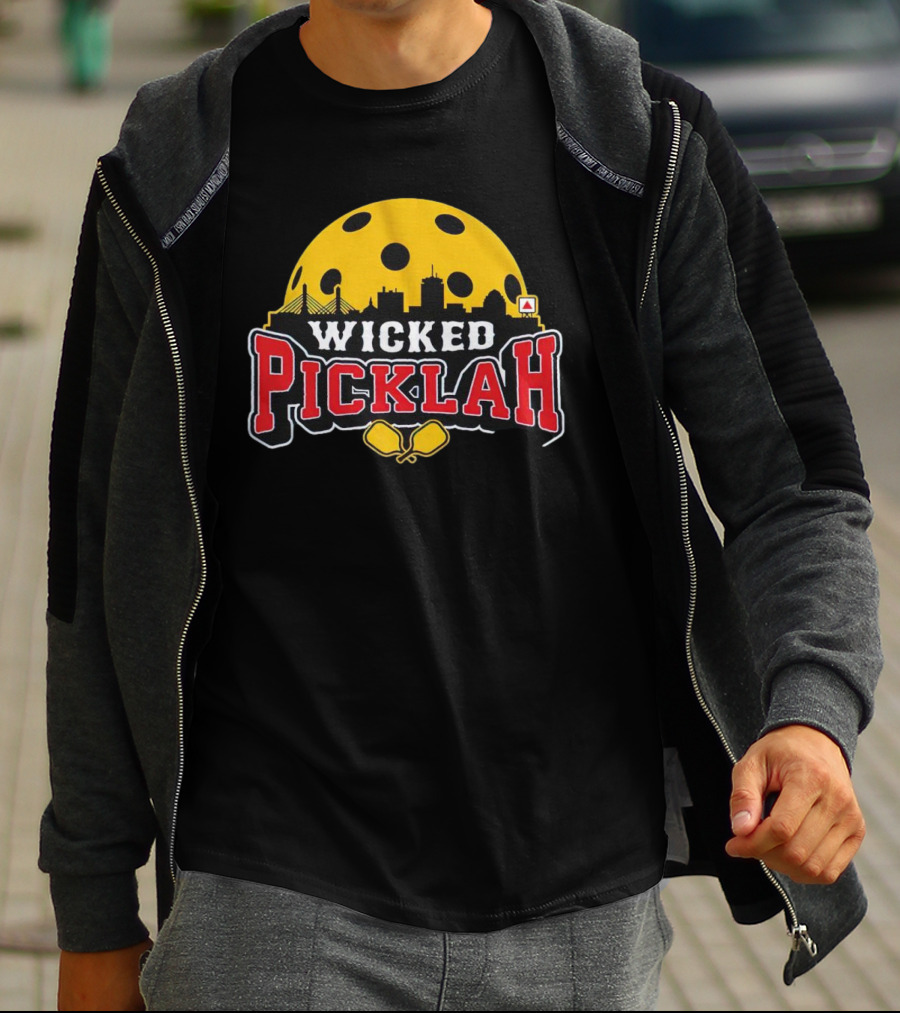 Wicked Picklah Boston Skyline Pickleball Paddle Bridge T-Shirt