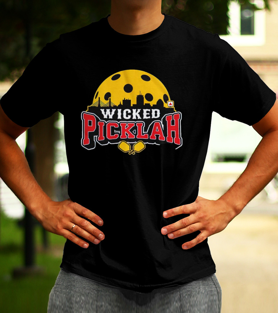 Wicked Picklah Boston Skyline Pickleball Paddle Bridge T-Shirt