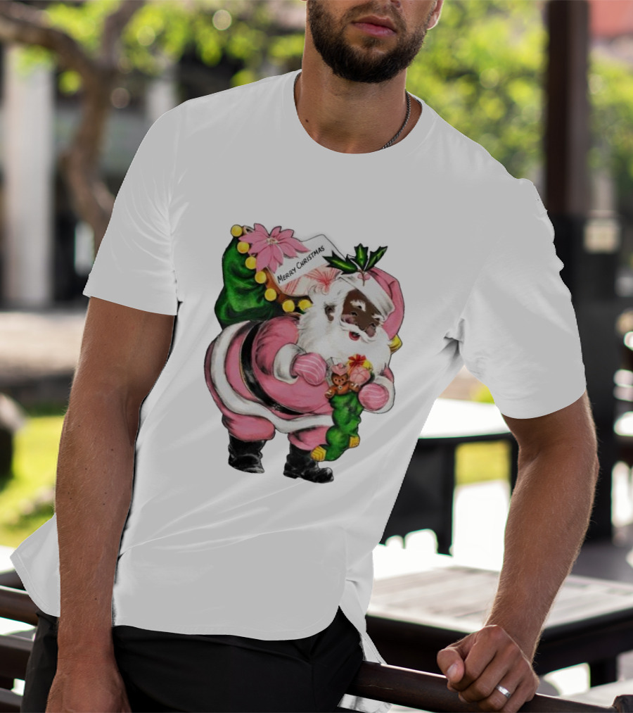 Merry Christmas Santa Claus Wear Pink Outfit With Sack And Toys T-Shirt