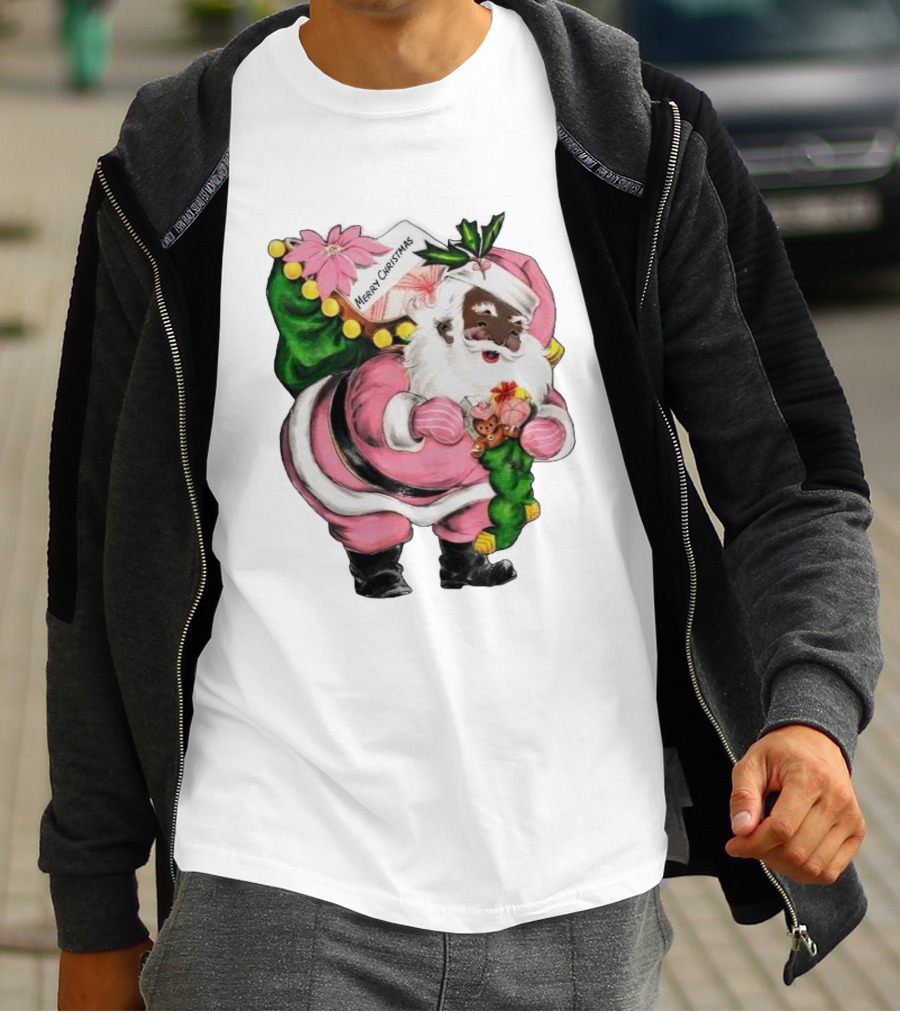 Merry Christmas Santa Claus Wear Pink Outfit With Sack And Toys T-Shirt