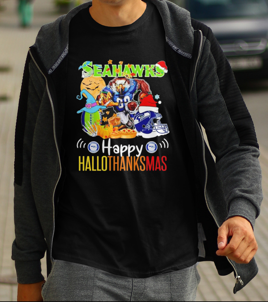 Seattle Seahawks Happy HalloThanksMas Holiday T-Shirt