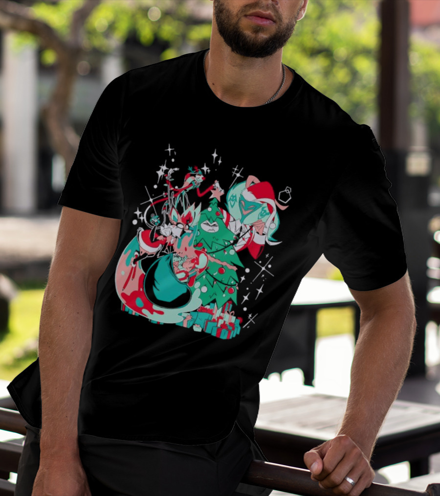 Shark Robot Sinful Holiday Christmas Hazbin Hotel Festive Tree And Characters T-Shirt