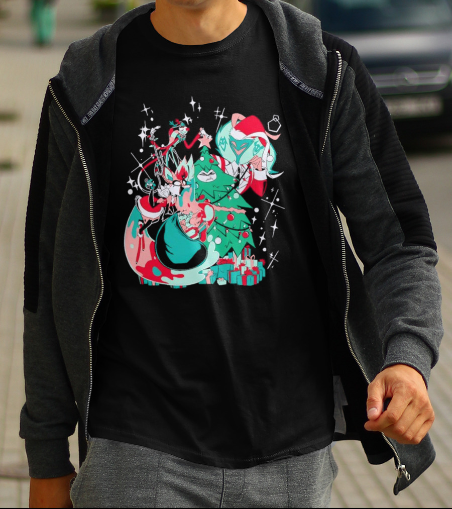 Shark Robot Sinful Holiday Christmas Hazbin Hotel Festive Tree And Characters T-Shirt