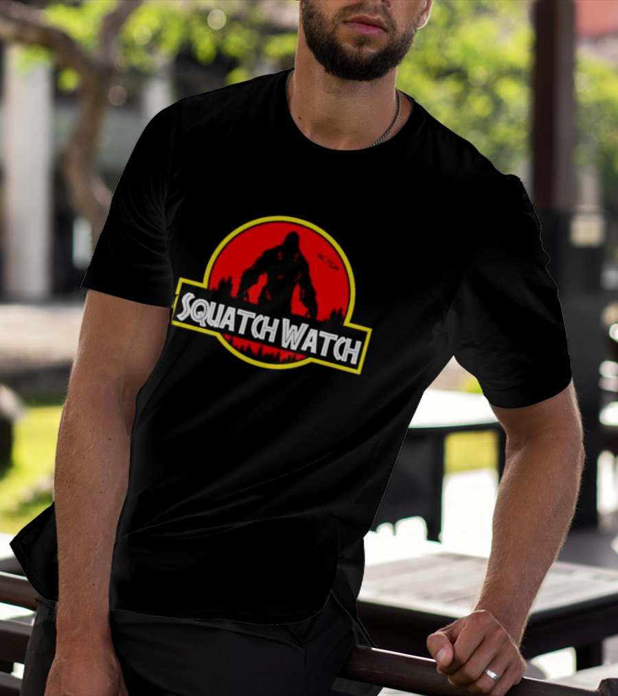 Squatch Watch Jurassic Park Logo Bigfoot UFO Forest Patrol T-Shirt