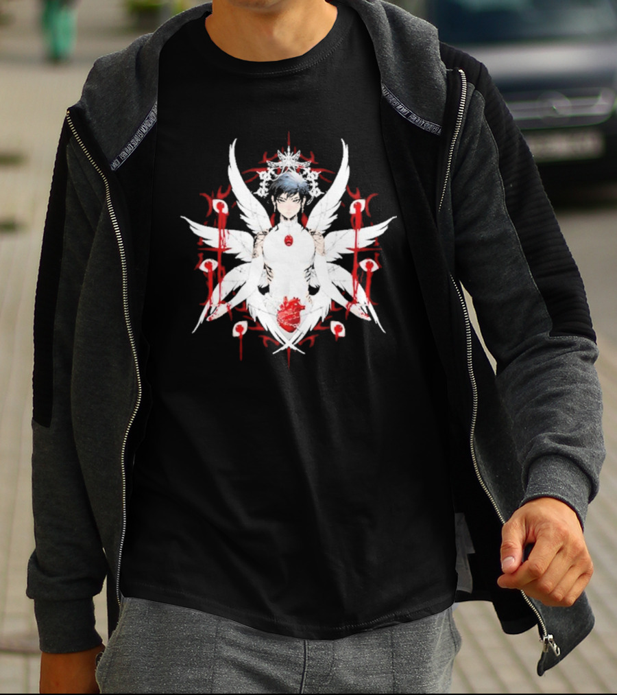 W6rst Maza Anime Angelic Figure With Wings And Red Accents T-Shirt