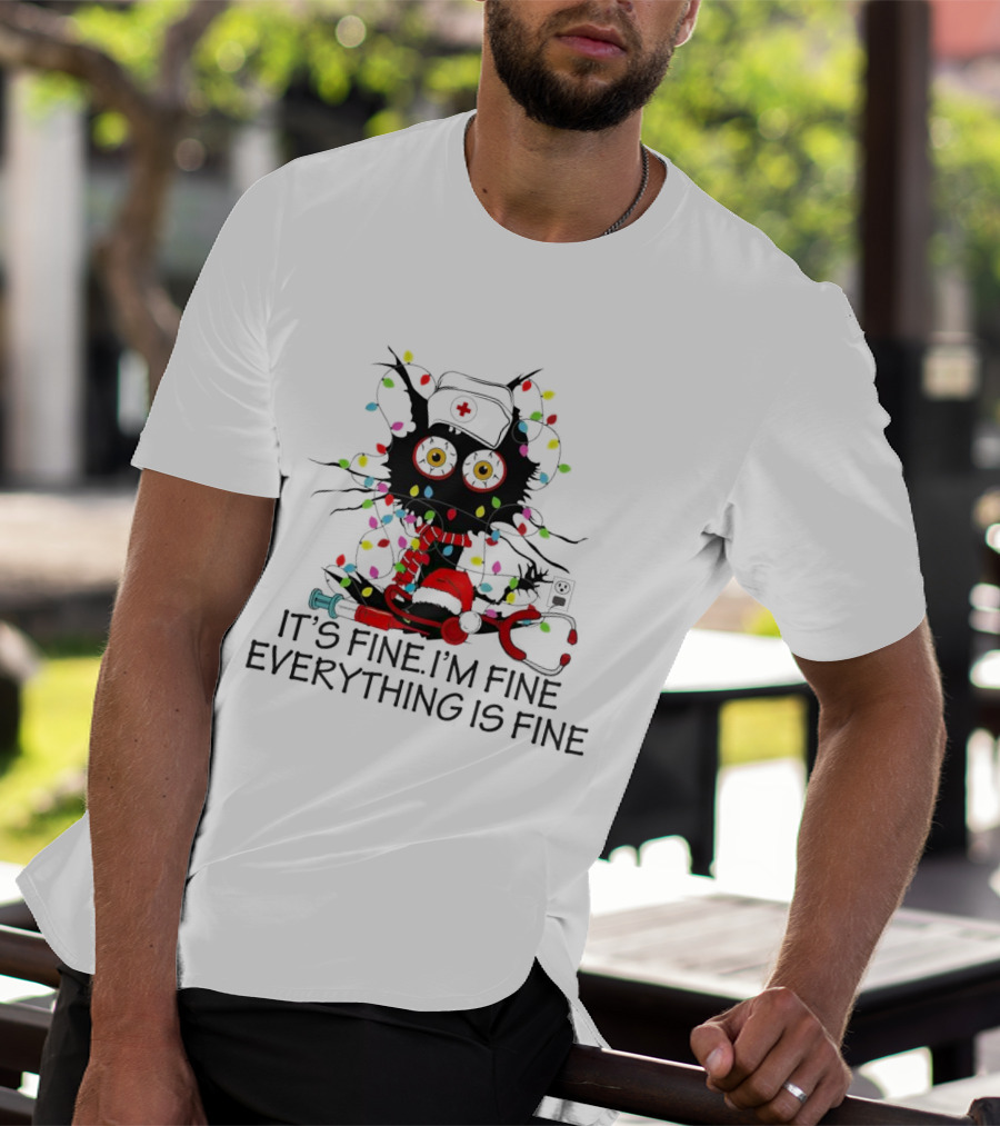 Black Cat Nurse It's Fine I'm Fine Everything Is Fine Christmas Lights Stethoscope T-Shirt