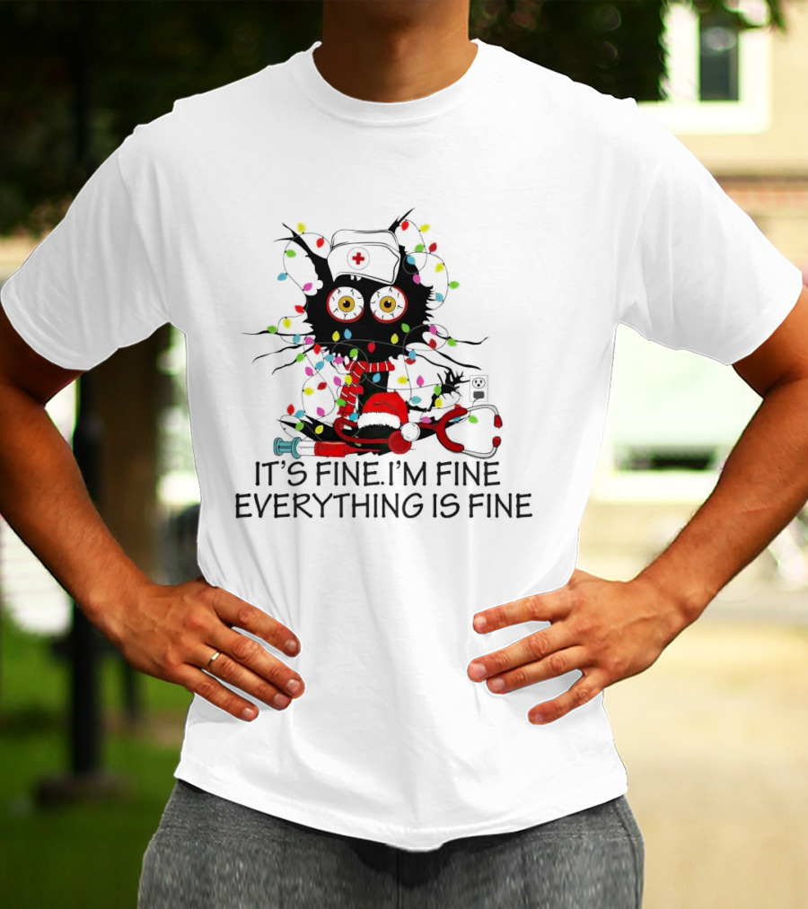 Black Cat Nurse It's Fine I'm Fine Everything Is Fine Christmas Lights Stethoscope T-Shirt