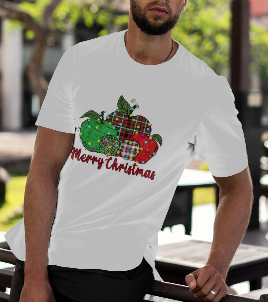 Merry Christmas Apples Plaid And Lights T-Shirt