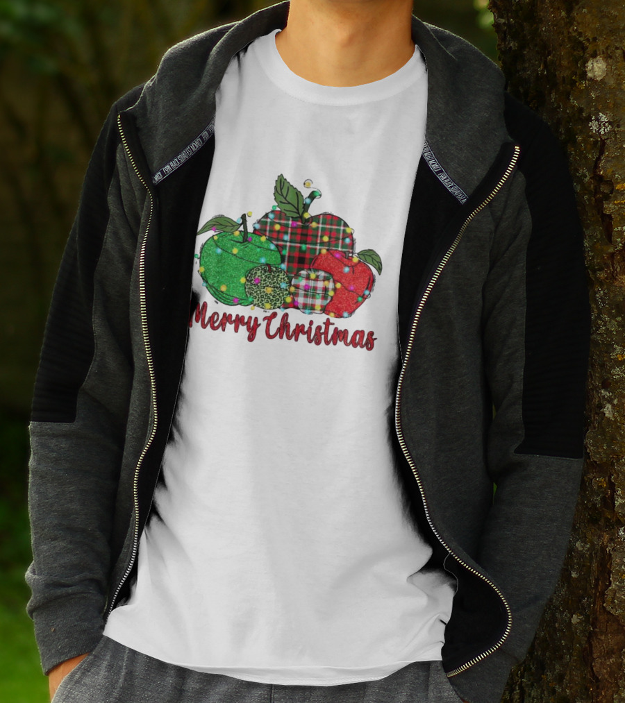 Merry Christmas Apples Plaid And Lights T-Shirt