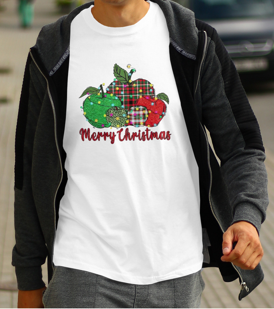 Merry Christmas Apples Plaid And Lights T-Shirt