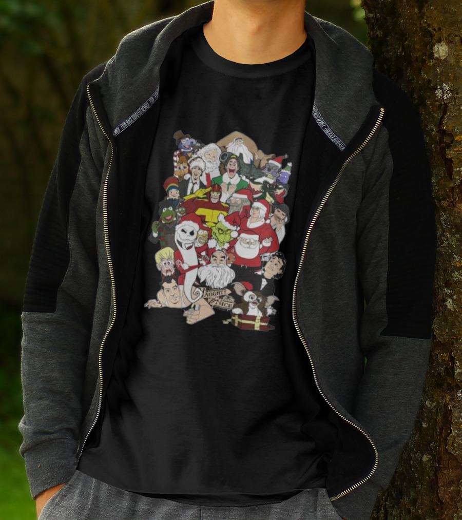 Naughty Or Nice Christmas Chaos Characters Featuring Santa Grinch Gizmo Jack Frost T-Shirt