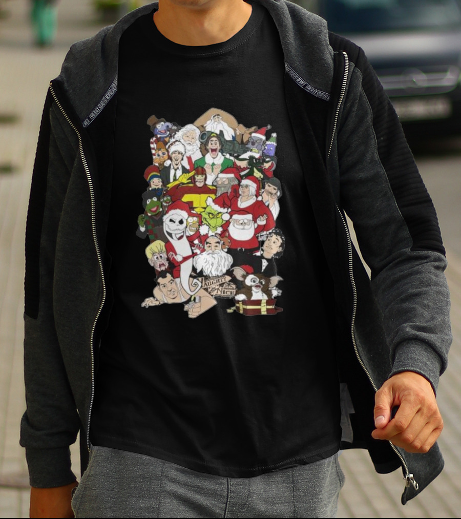 Naughty Or Nice Christmas Chaos Characters Featuring Santa Grinch Gizmo Jack Frost T-Shirt