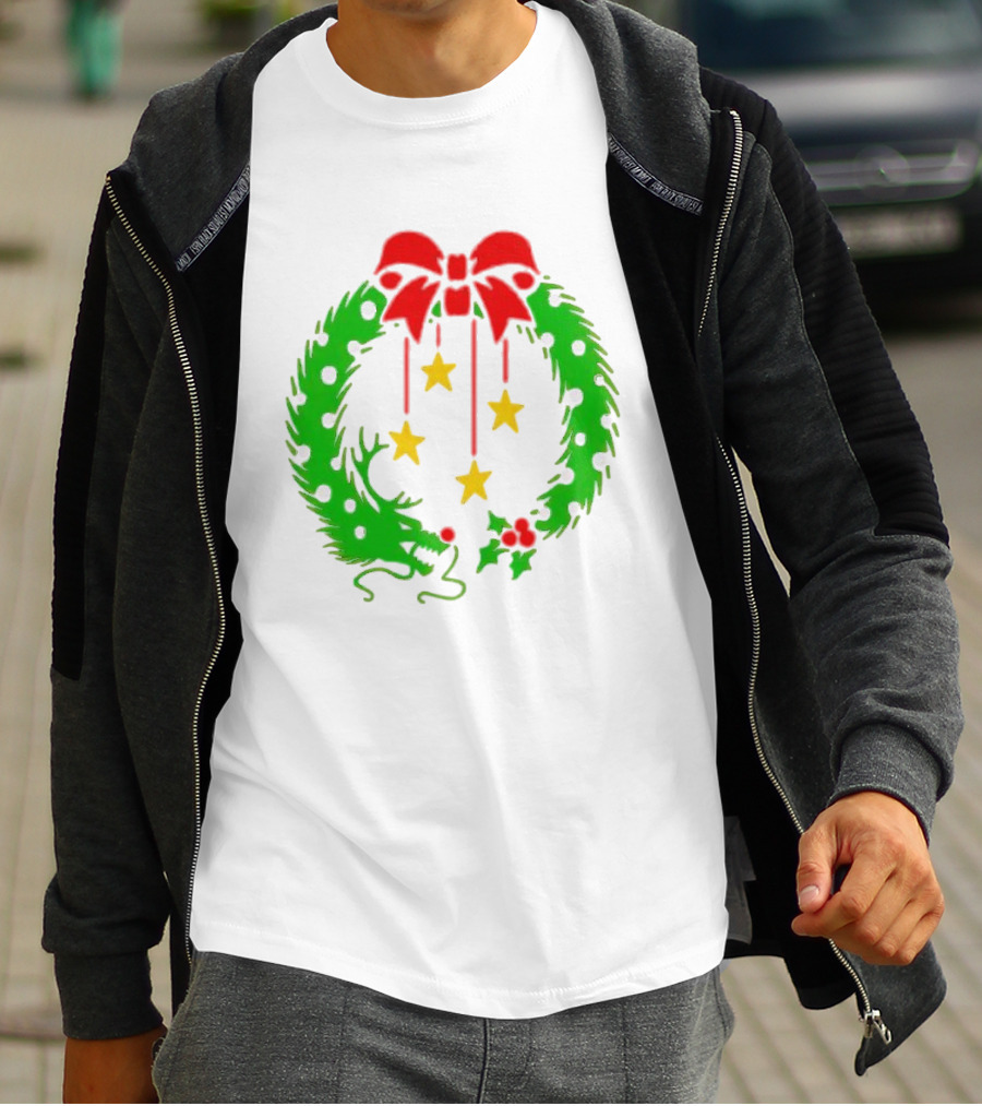 Christmas Wreath Dragon With Four Stars And Red Bow T-Shirt