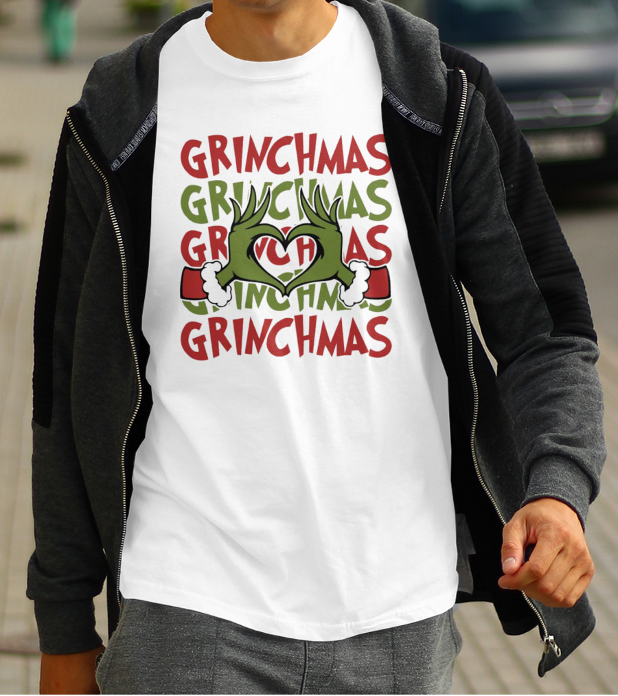 Grinch Hand Heart Love Grinchmas Repeating Text T-Shirt