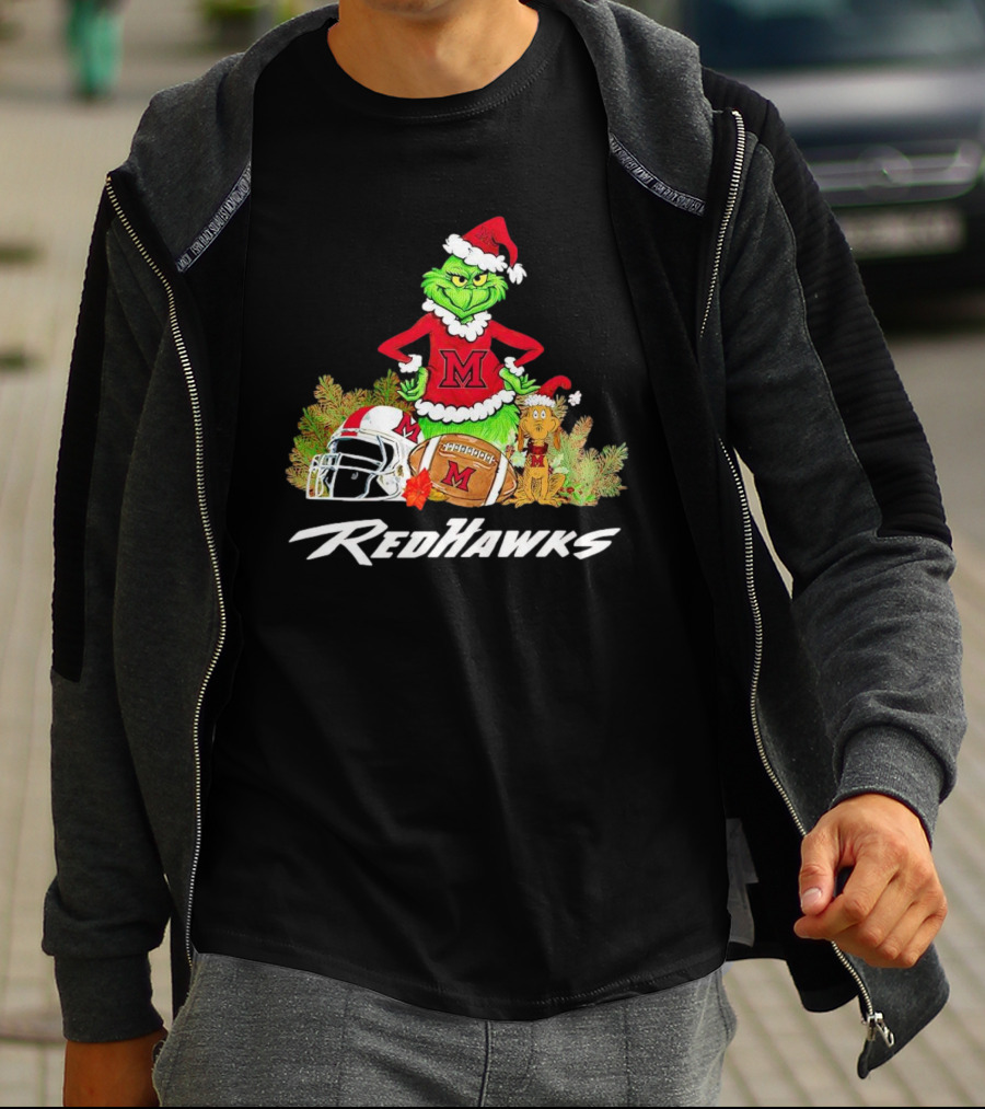 Grinch With Miami RedHawks Christmas Football Santa Hat T-Shirt