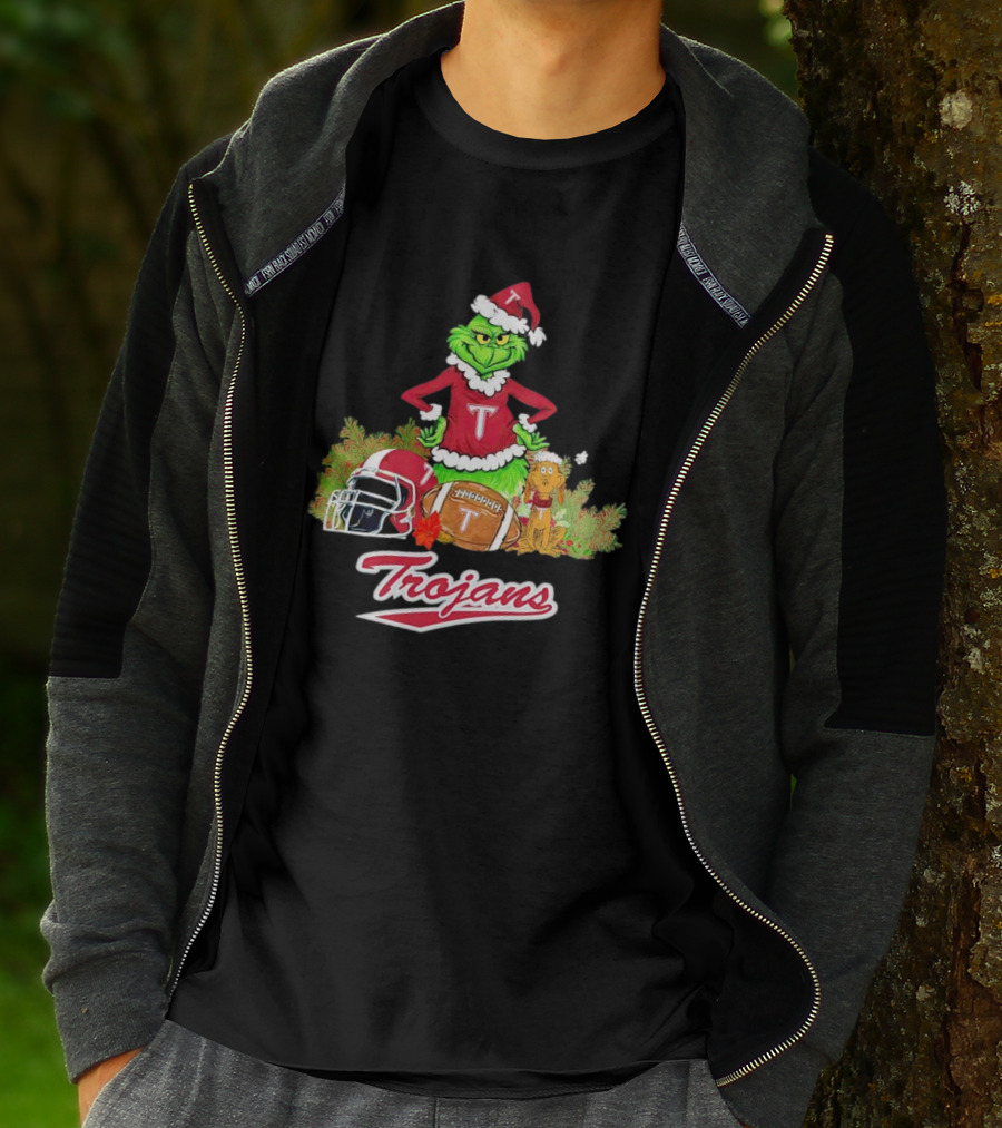 Grinch Troy Trojans Christmas Football Festive Scene T-Shirt