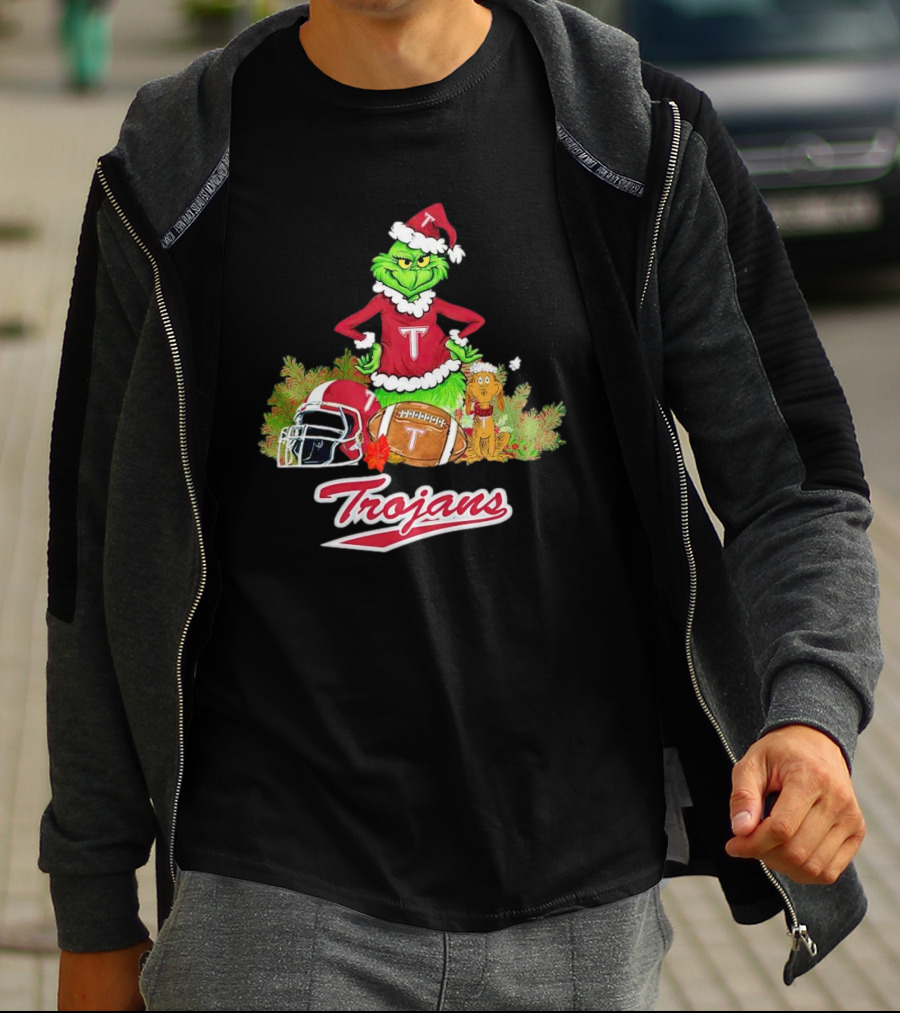 Grinch Troy Trojans Christmas Football Festive Scene T-Shirt
