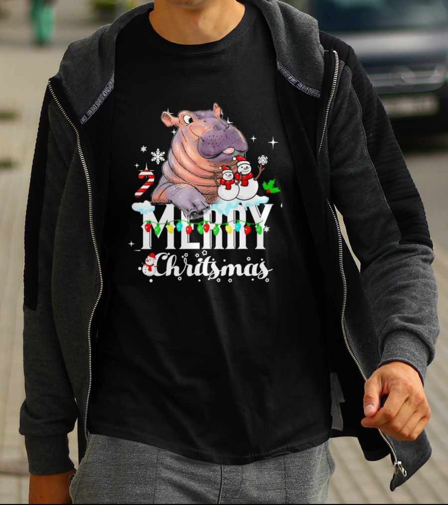 Hippo Merry Christmas Snowmen Candy Cane Lights T-Shirt