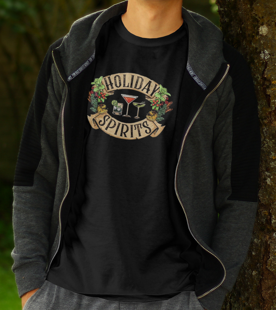 Holiday Spirits Christmas Cocktails Festive Drinks Pine Holly T-Shirt