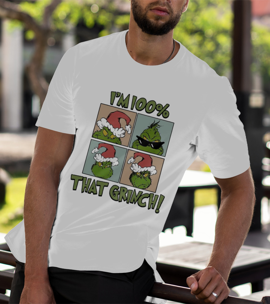I'm 100% That Grinch Christmas Icon With Santa Hat And Sunglasses T-Shirt