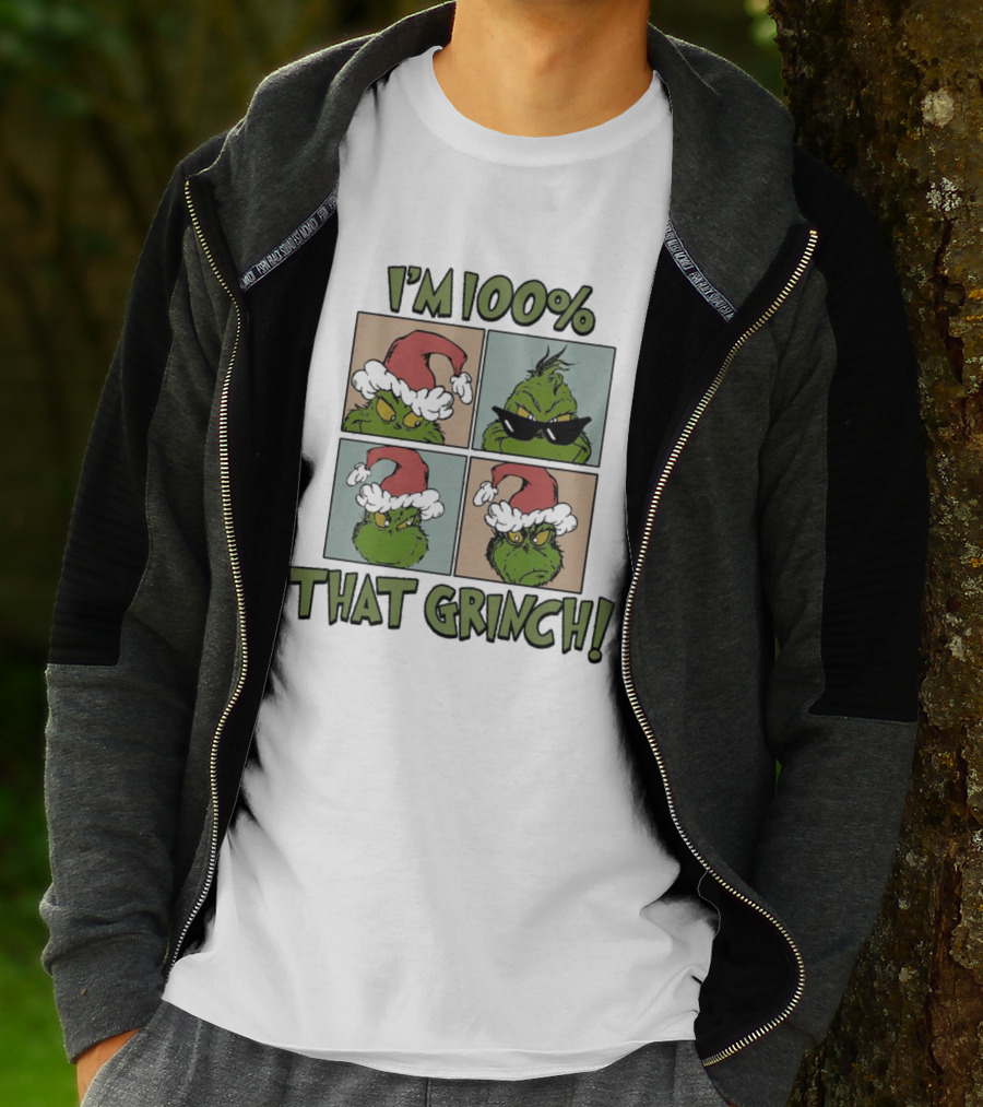 I'm 100% That Grinch Christmas Icon With Santa Hat And Sunglasses T-Shirt