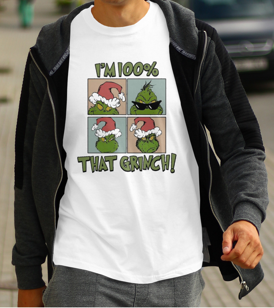 I'm 100% That Grinch Christmas Icon With Santa Hat And Sunglasses T-Shirt