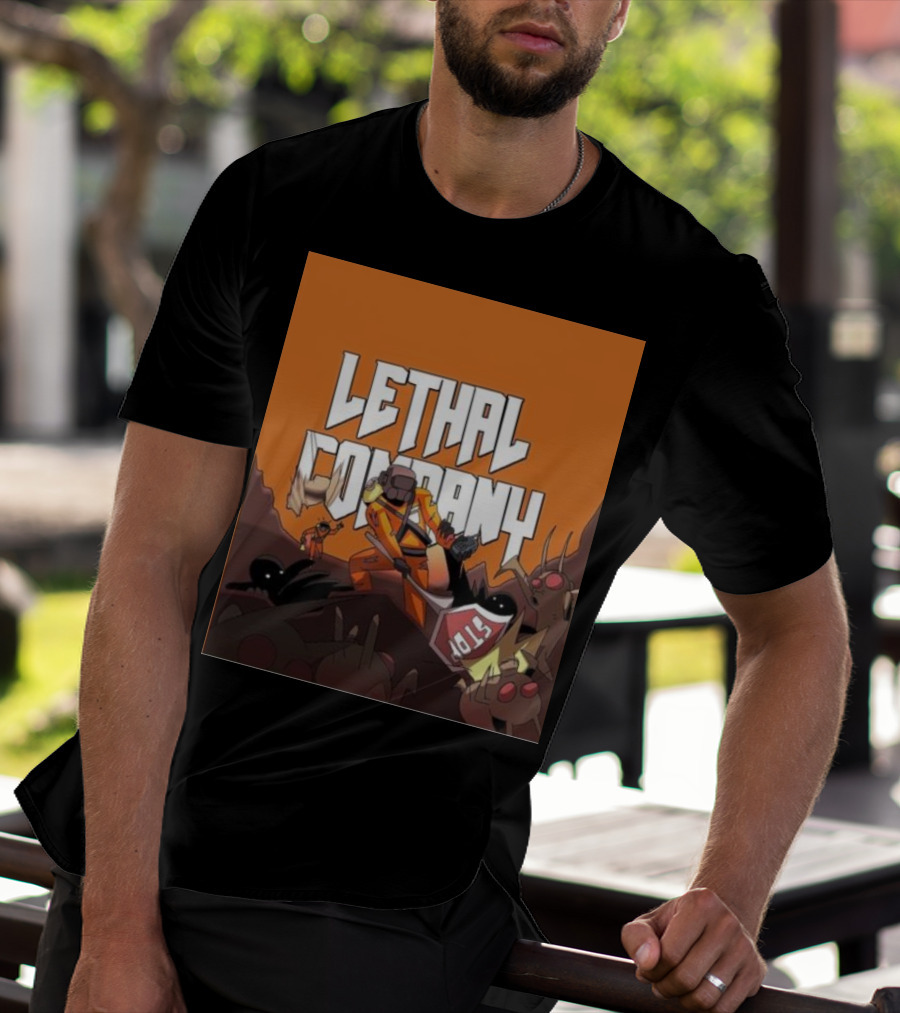 Lethal Company Stop Sign Creature Battle Scene T-Shirt