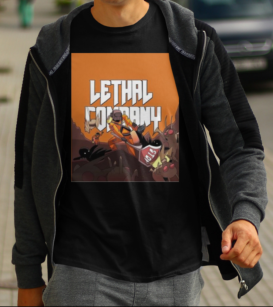 Lethal Company Stop Sign Creature Battle Scene T-Shirt