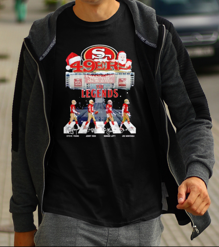 49ers The Legends Abbey Road Steve Young Jerry Rice Ronnie Lott Joe Montana Christmas Signatures T-Shirt
