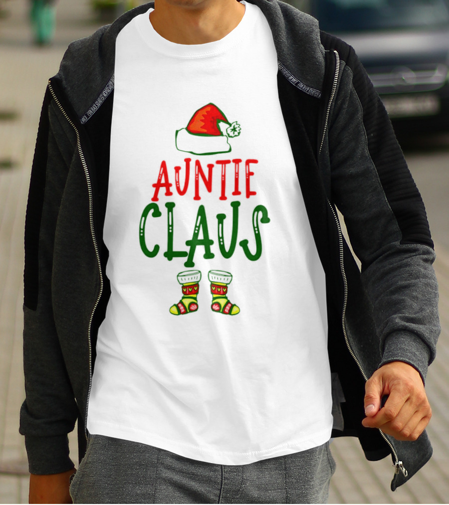 Auntie Claus Christmas Holiday Hat And Festive Socks T-Shirt