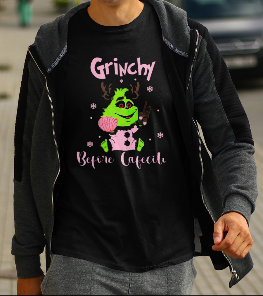 Grinchy Before Cafecito Christmas Holiday Drink Snowflakes T-Shirt