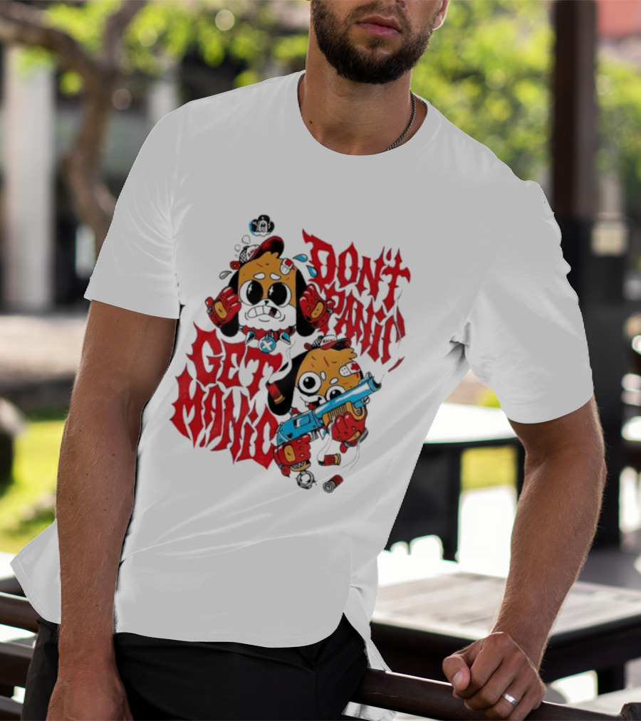 Don’t Panic Get Manic Cartoon Bears In Red And Black With Blue Gun T-Shirt