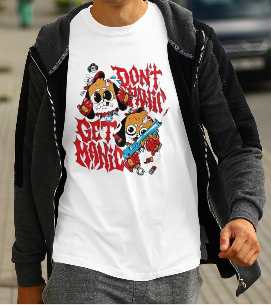Don’t Panic Get Manic Cartoon Bears In Red And Black With Blue Gun T-Shirt