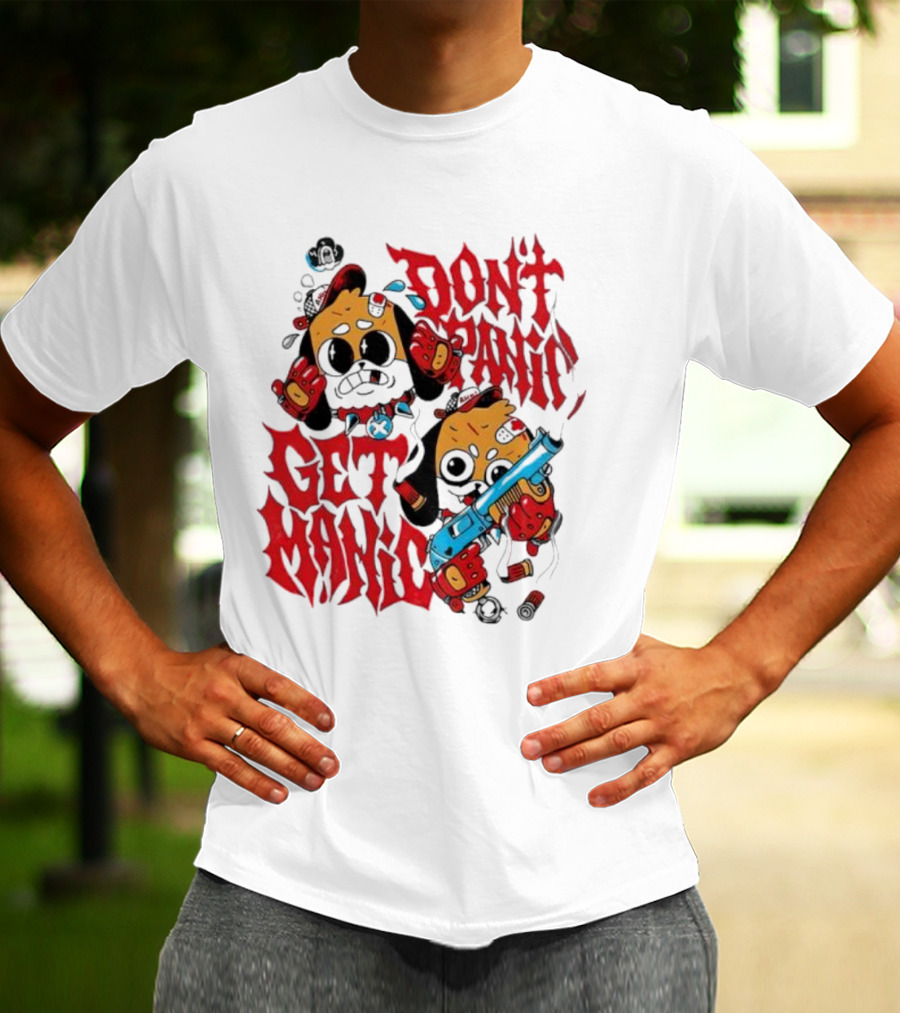Don’t Panic Get Manic Cartoon Bears In Red And Black With Blue Gun T-Shirt
