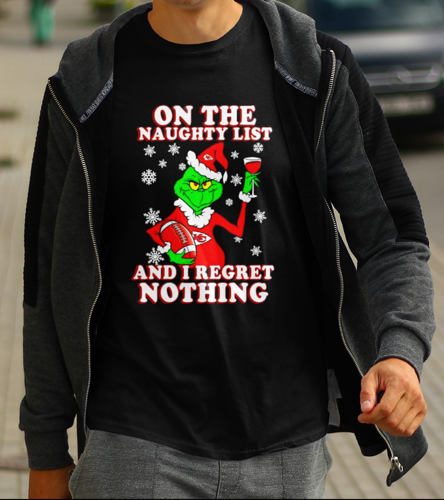 Grinch In Chiefs Colors With Naughty List And I Regret Nothing Christmas Football T-Shirt