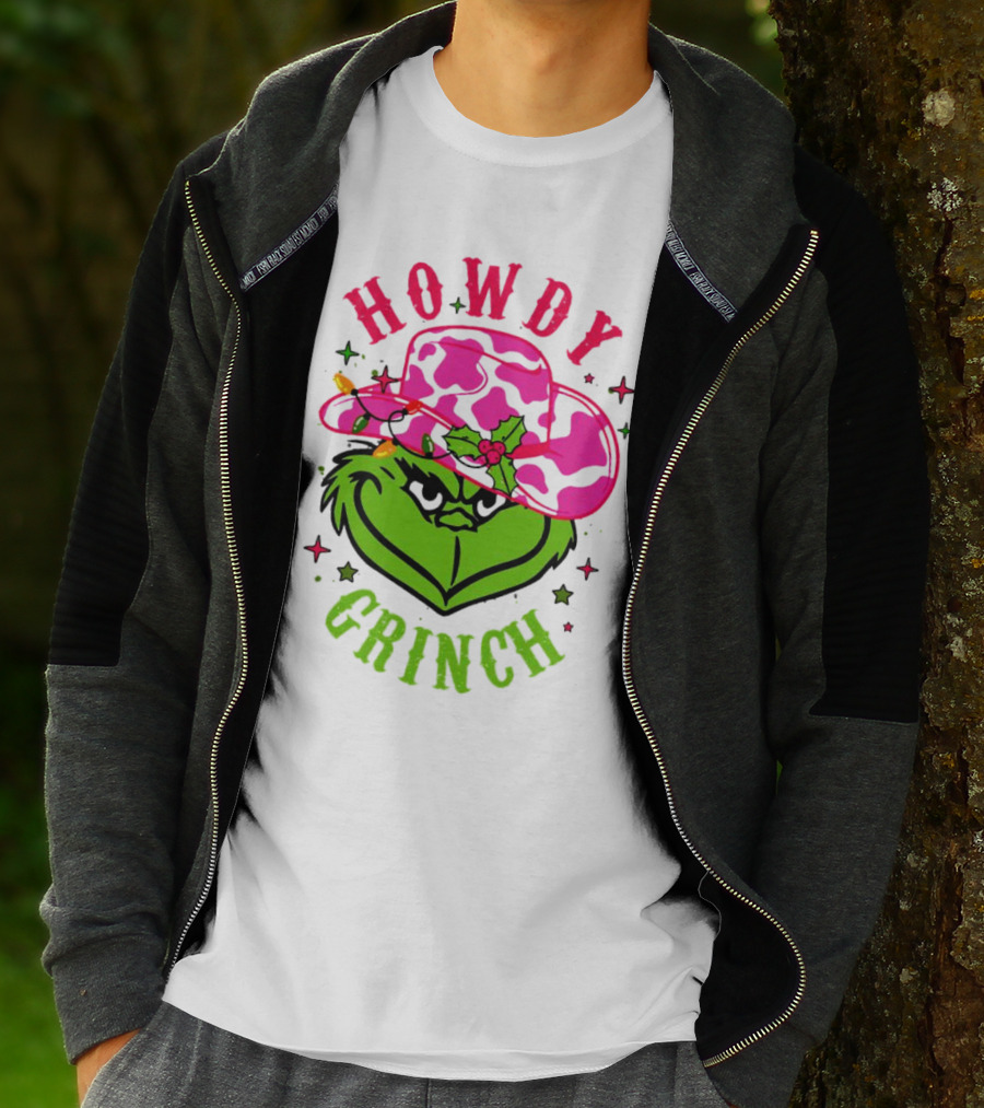 Howdy Grinch Christmas Cowboy Hat Festive Lights T-Shirt