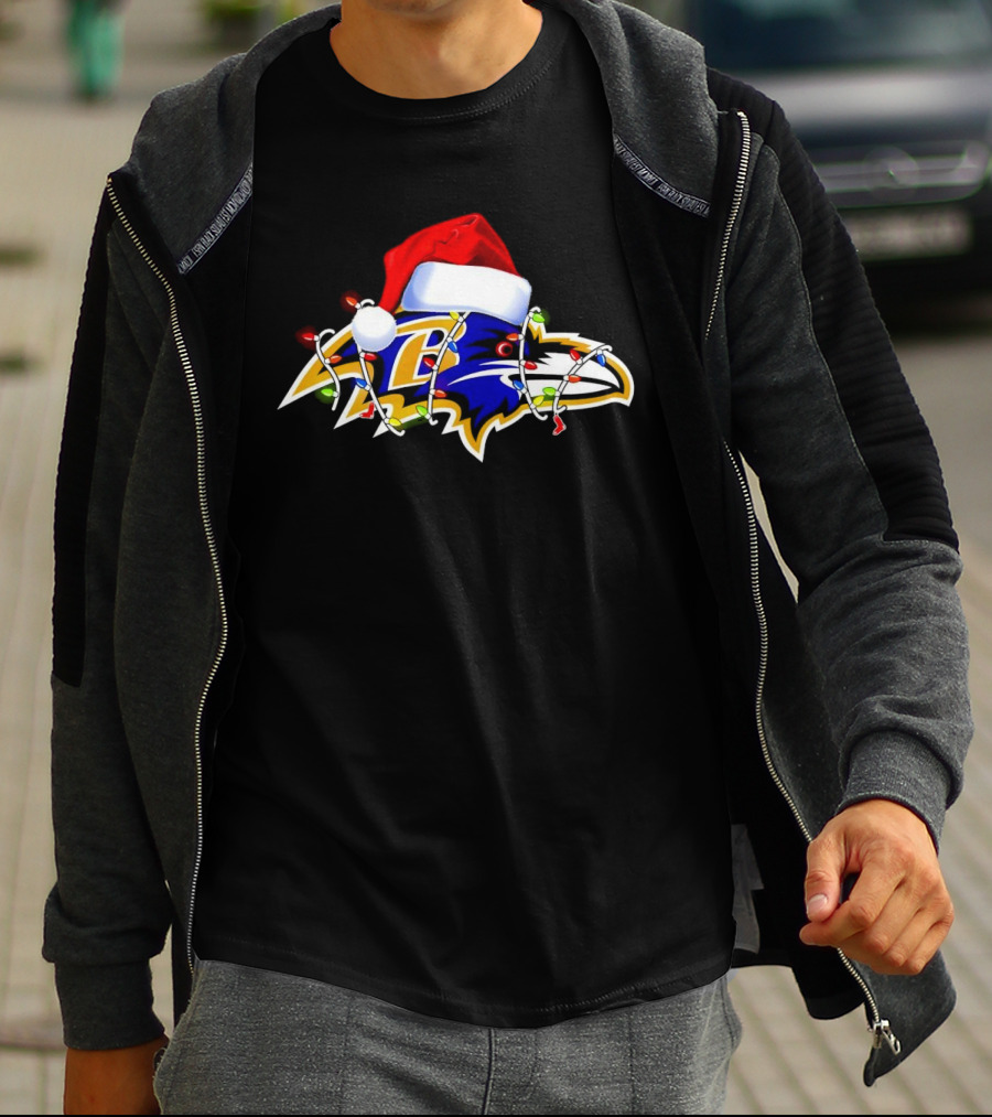 Baltimore Ravens Christmas Lights Santa Hat T-Shirt