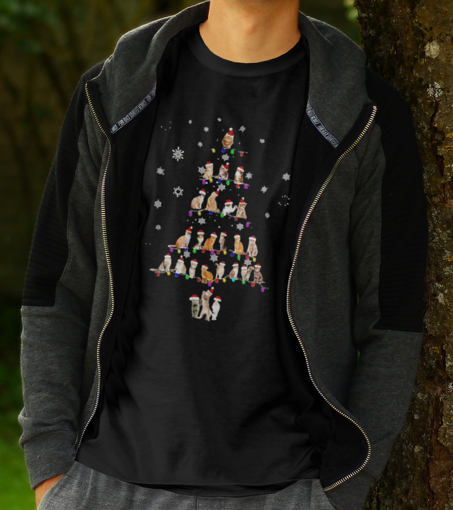 Cats With Santa Hats And Christmas Lights In Tree Shape T-Shirt