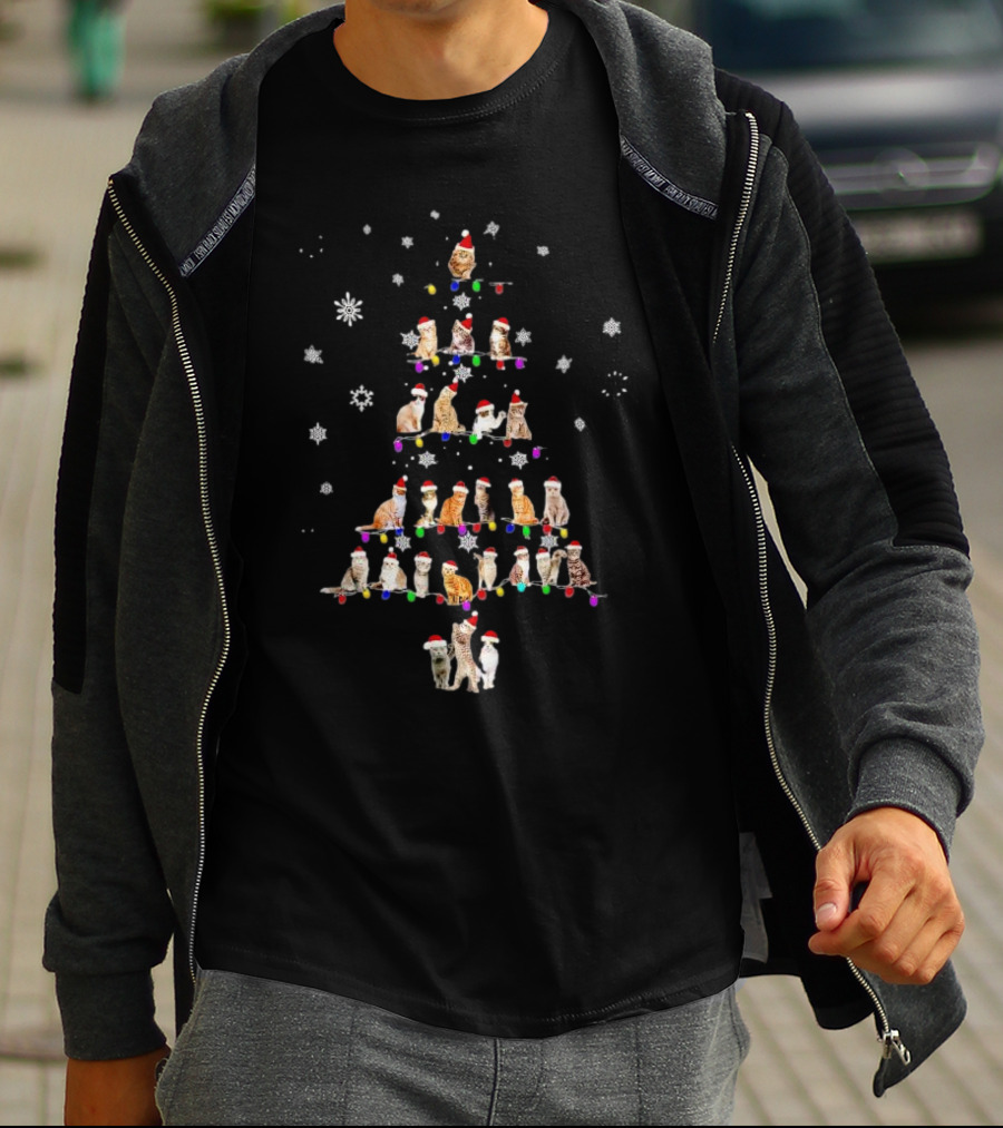 Cats With Santa Hats And Christmas Lights In Tree Shape T-Shirt
