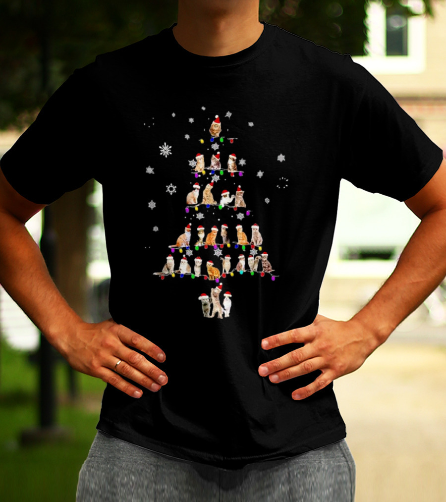 Cats With Santa Hats And Christmas Lights In Tree Shape T-Shirt