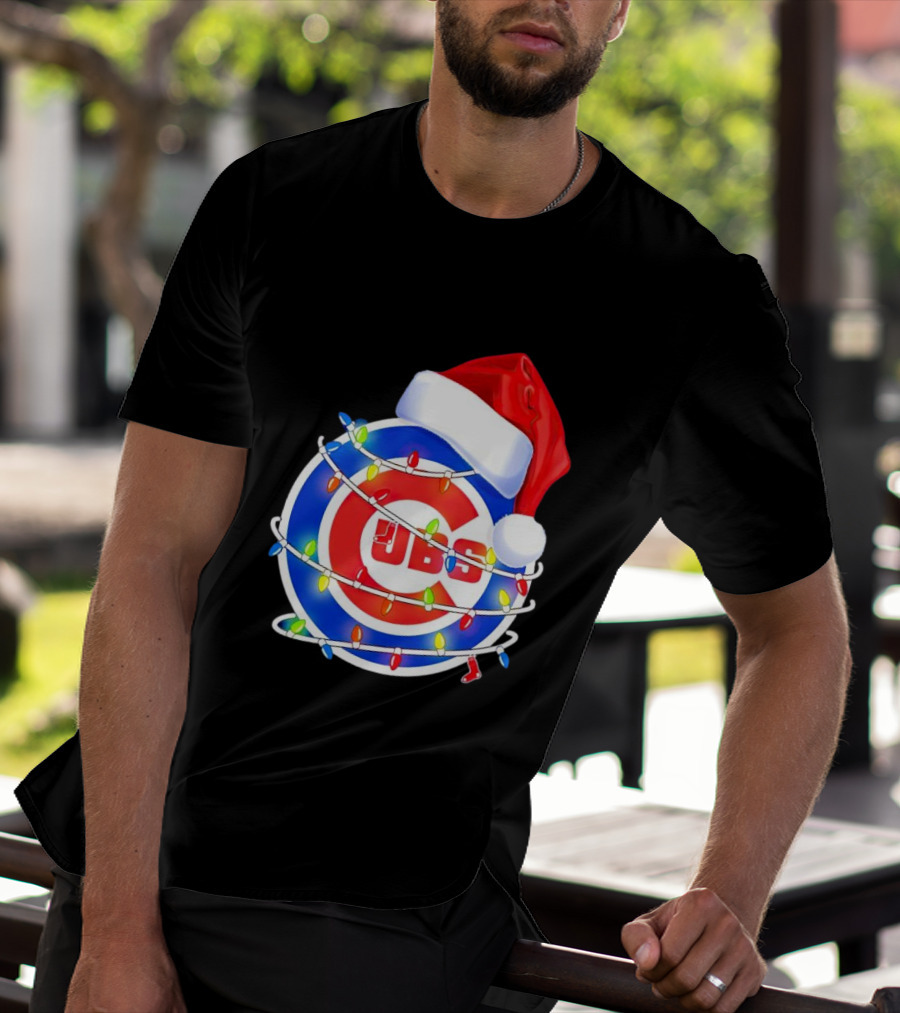 Chicago Cubs Festive Christmas Lights With Santa Hat T-Shirt