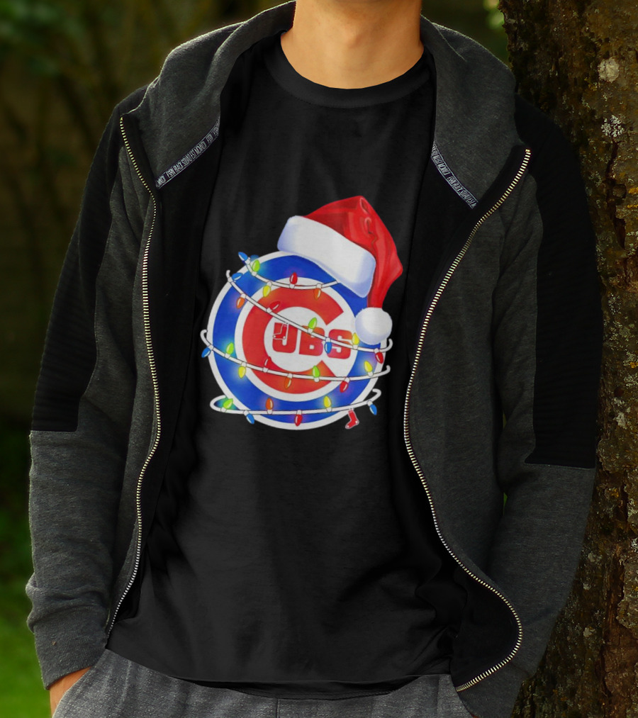 Chicago Cubs Festive Christmas Lights With Santa Hat T-Shirt
